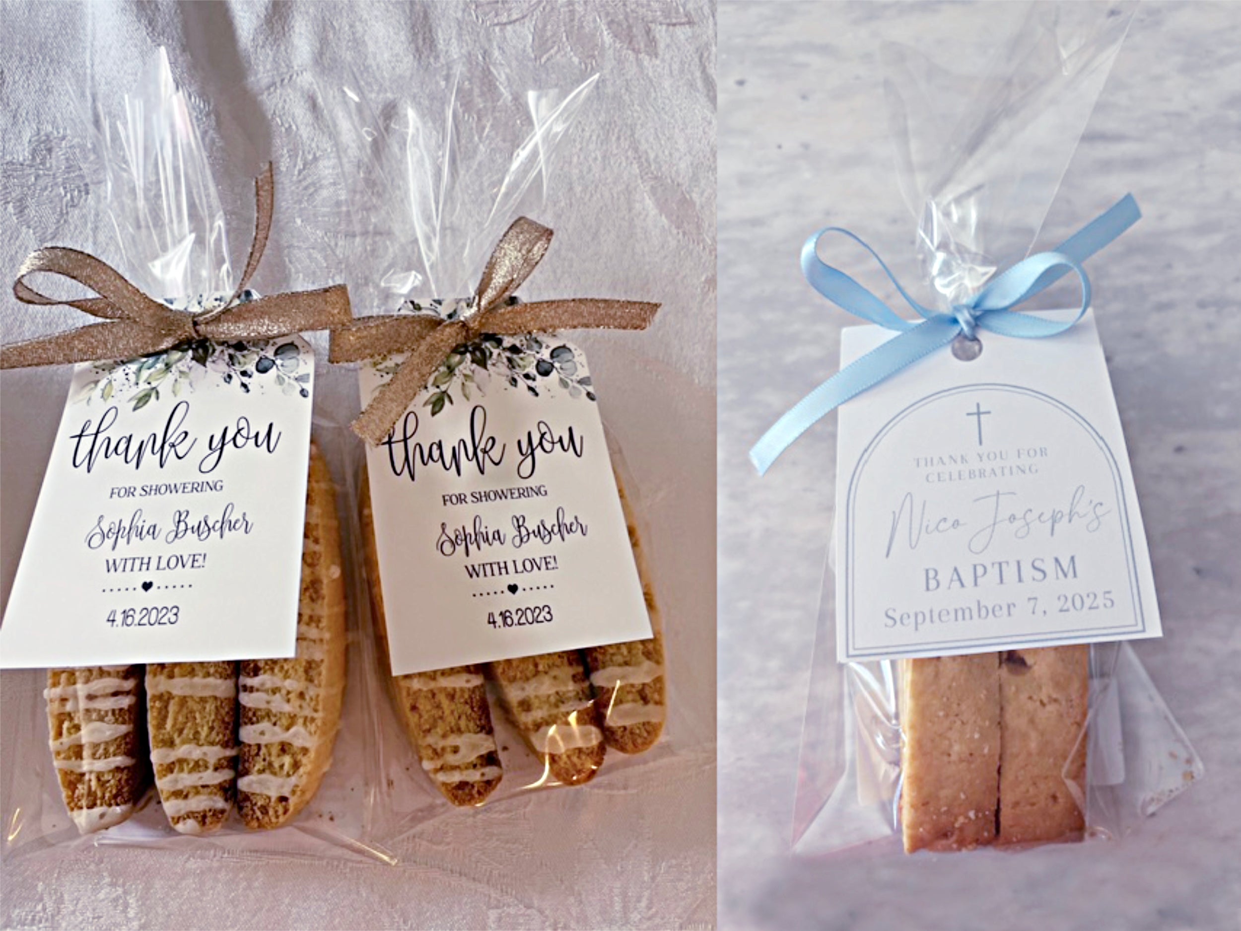 Sorelle Biscotti 2 pack and 3 pack custom favors with labels and ribbons.