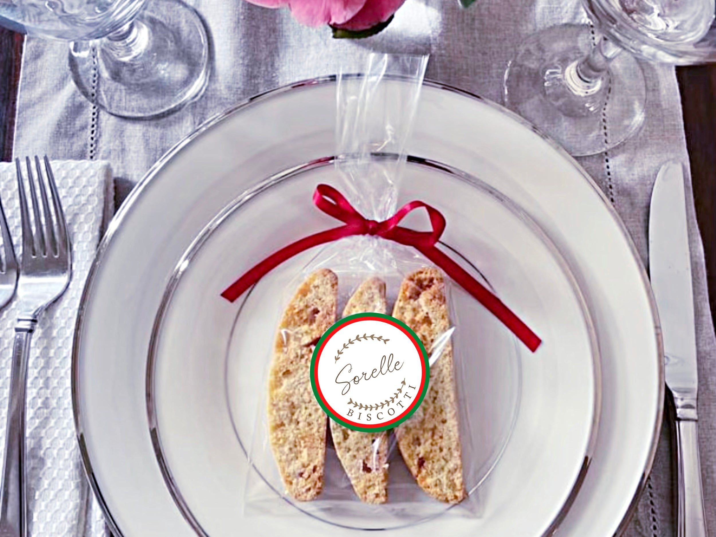 Sorelle Biscotti LLC 3 pack biscotti on plate setting. Perfect for gifts or favors!